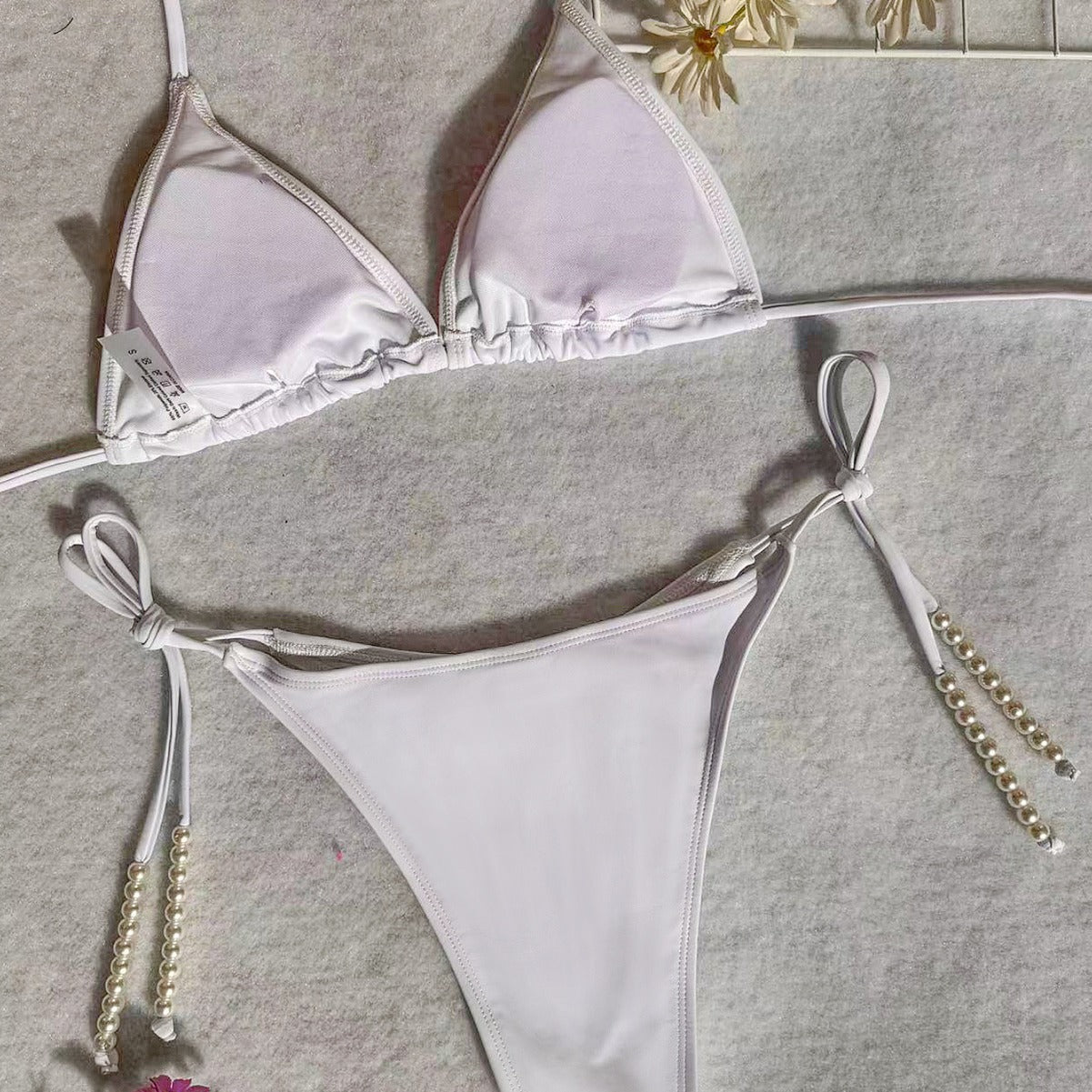 Pearl Chain Tied Swimsuit Women Sexy Bikini Advanced Split Three Piece Set
