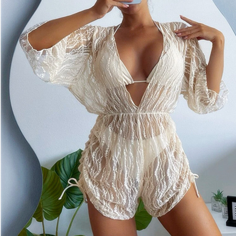 Long Sleeve Mesh Corset Swimsuit Women High Waist Drawstring Sun Protective Blouse Three Piece Bikini