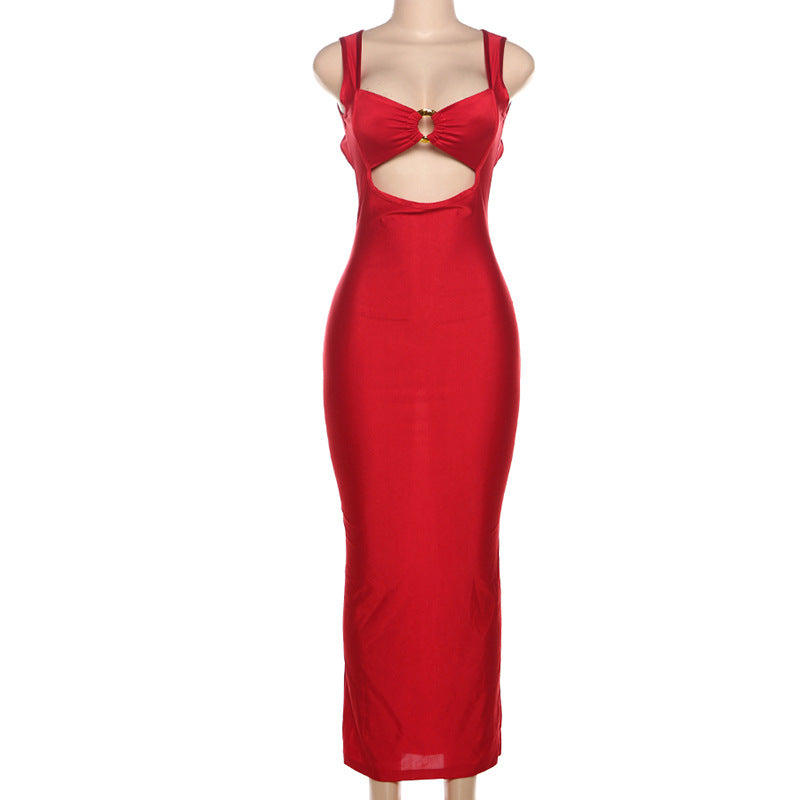 Fall Women Clothing Sexy Solid Color Sling Waist Slim Backless Sexy Dress
