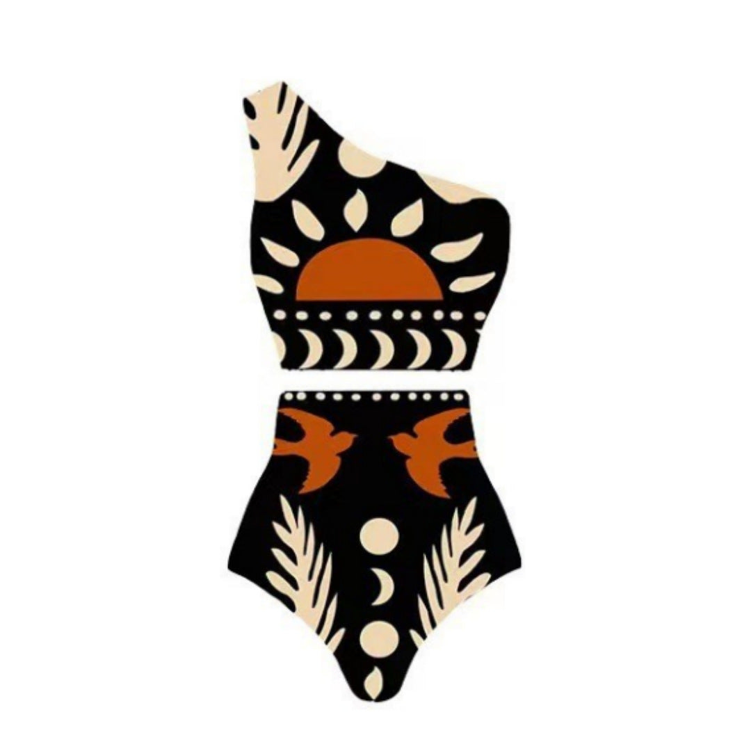 Lonkey Swimwear Retro Printed Mesh Trousers Conservative Swimwear Bikini