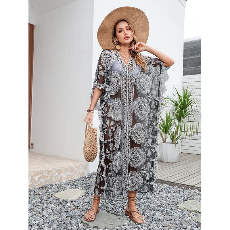 Beach Sun Protection Shirt Loose Pullover Swimsuit Outer Cover Bikini Jacket Water Soluble Lace Dress