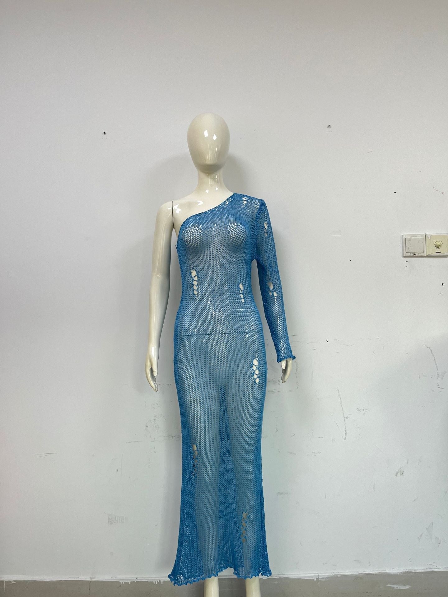 One Shoulder Slimming Beach Vacation Sexy Dress Knitted Hollow Out Cutout Out Maxi Dress Blouse Summer Women