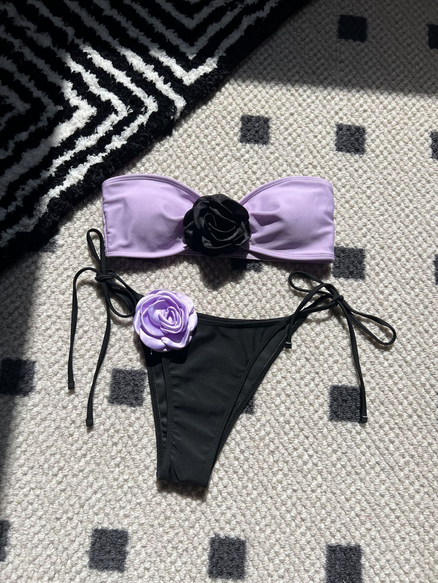 Color Matching Rose Tube Top Lace up Drawstring Strap Split Swimsuit Bikini