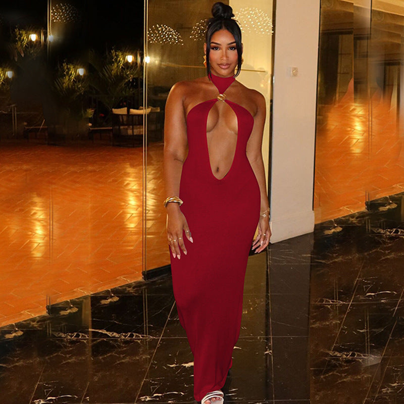 Women Clothing Winter Solid Color Tied Halter Sexy Cutout Slim Fit Dress