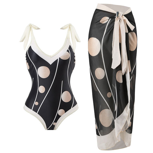 Sexy Swimsuit Women Conservative Cover Belly Lace Up Swimsuit Spring Chiffon Beach Skirt Set