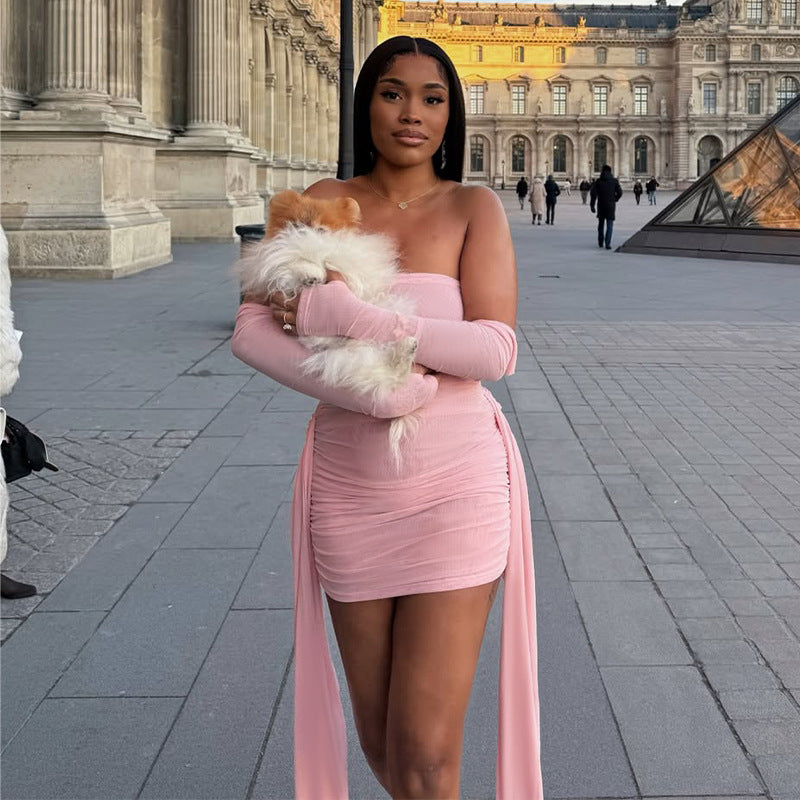 Spring Elegant Pure Pleated Ribbon Hip Sexy Tight Tube Top