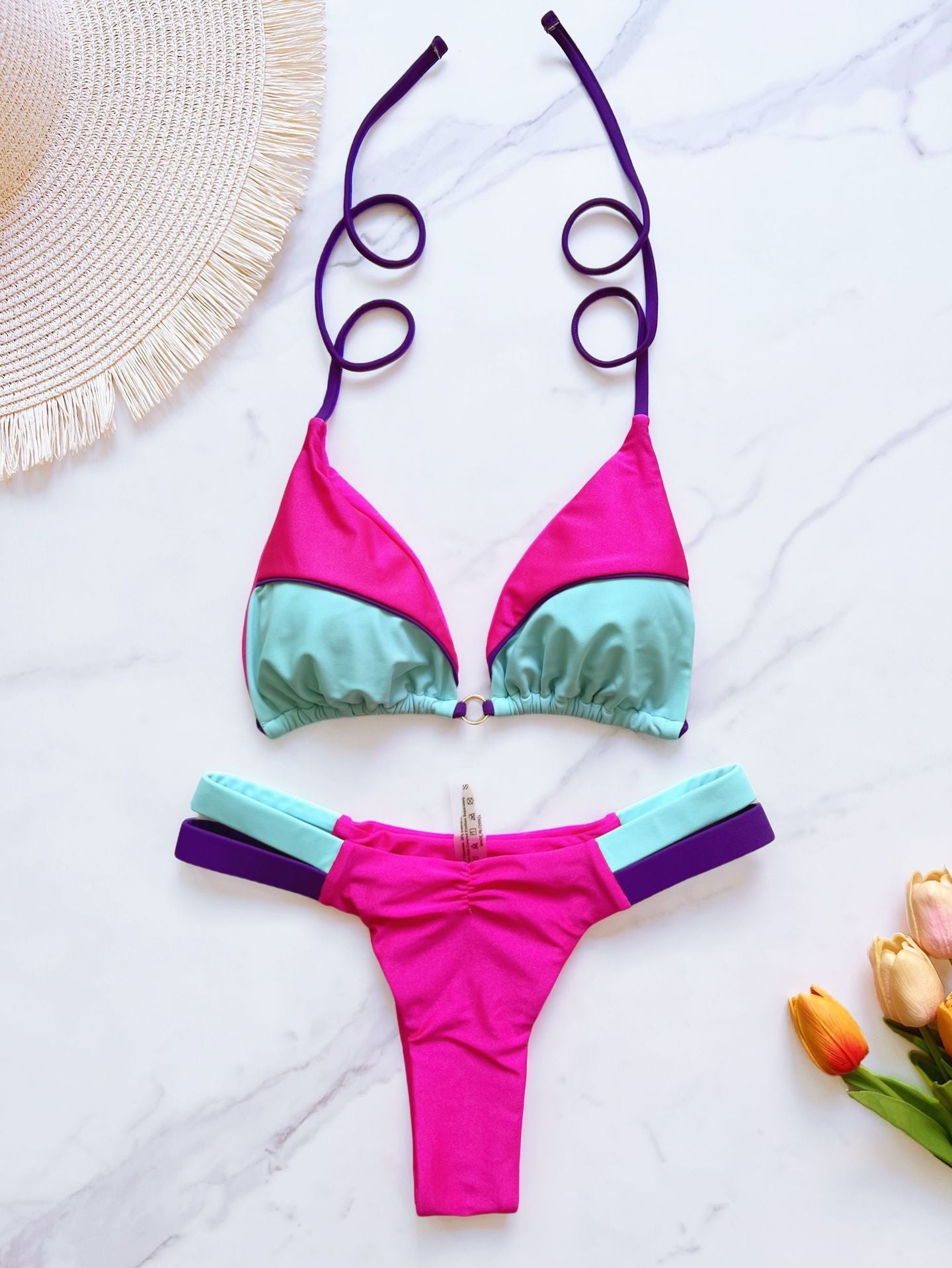 Bikini Solid Color Stitching Swimsuit Beach Sexy Women Swimsuit