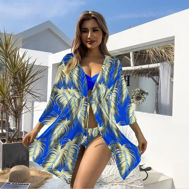 Bikini Three Piece Set Sunscreen Swimwear Mult Color Printed Long Sleeved Swimsuit for Women