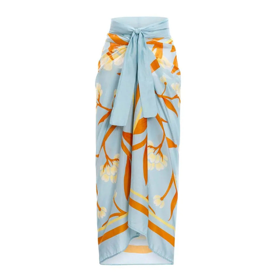 Printed High Waist Split Swimsuit Women Halter Banded Bikini Yarn Skirt Set