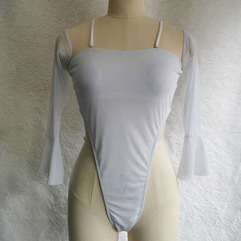 Leopard Print Mesh One-Piece Swimsuit Sleeved Swimwear New Sexy Bikini