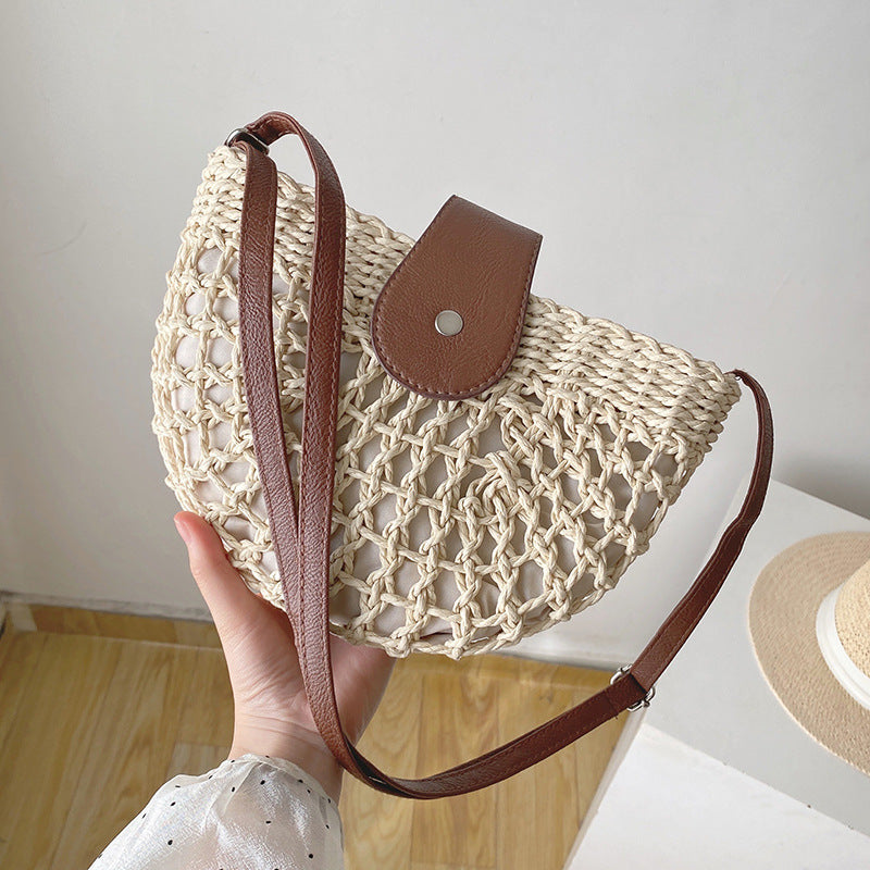 Fresh Hollow Out Cutout Semicircle Straw Bag Shoulder Crossbody Casual Straw Bag Woven Bag Vacation Beach Bag