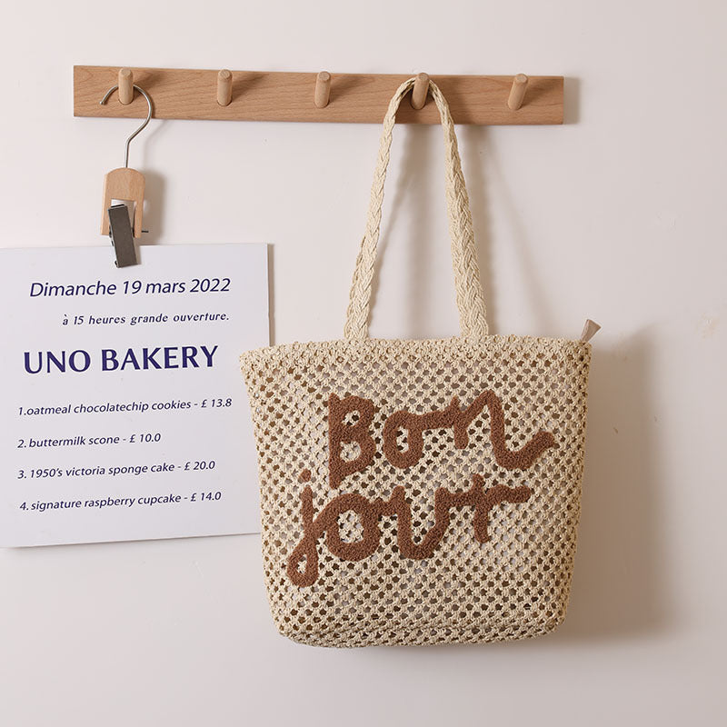 Letter Graphic Embroidery Woven Bag All Match Shoulder Hollow Out Cutout Straw Bag Vacation Beach Bag Women Bag