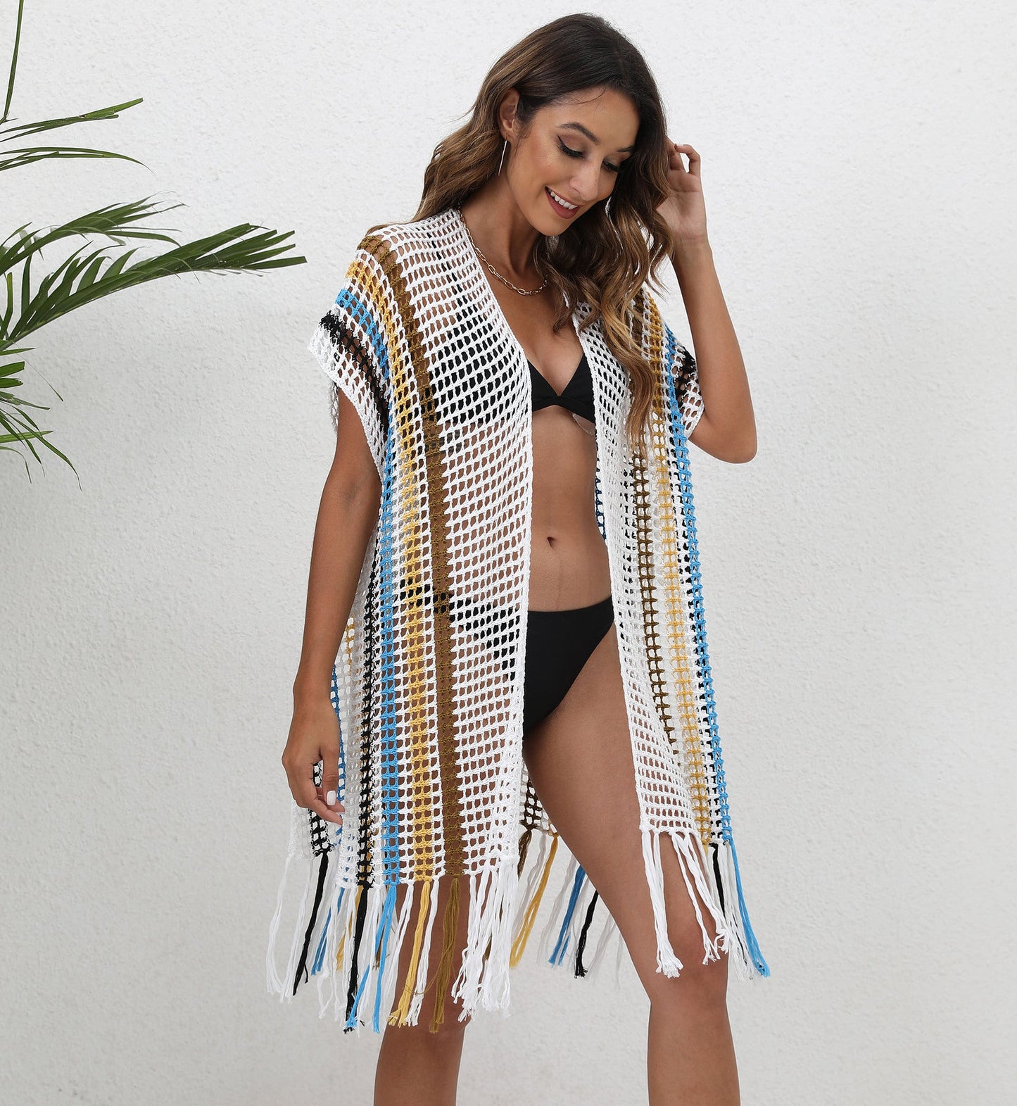 Beach Cover up Women Clothing Loose Woven Shirt Color Contrast Patchwork Tassel Beach Cover Up Cardigan