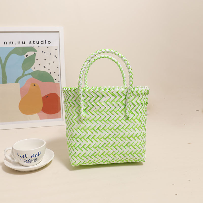 Cute Portable Plastic Woven Bag Fresh Square Straw Bag Vacation Beach Bag All Match Vegetable Basket Bag