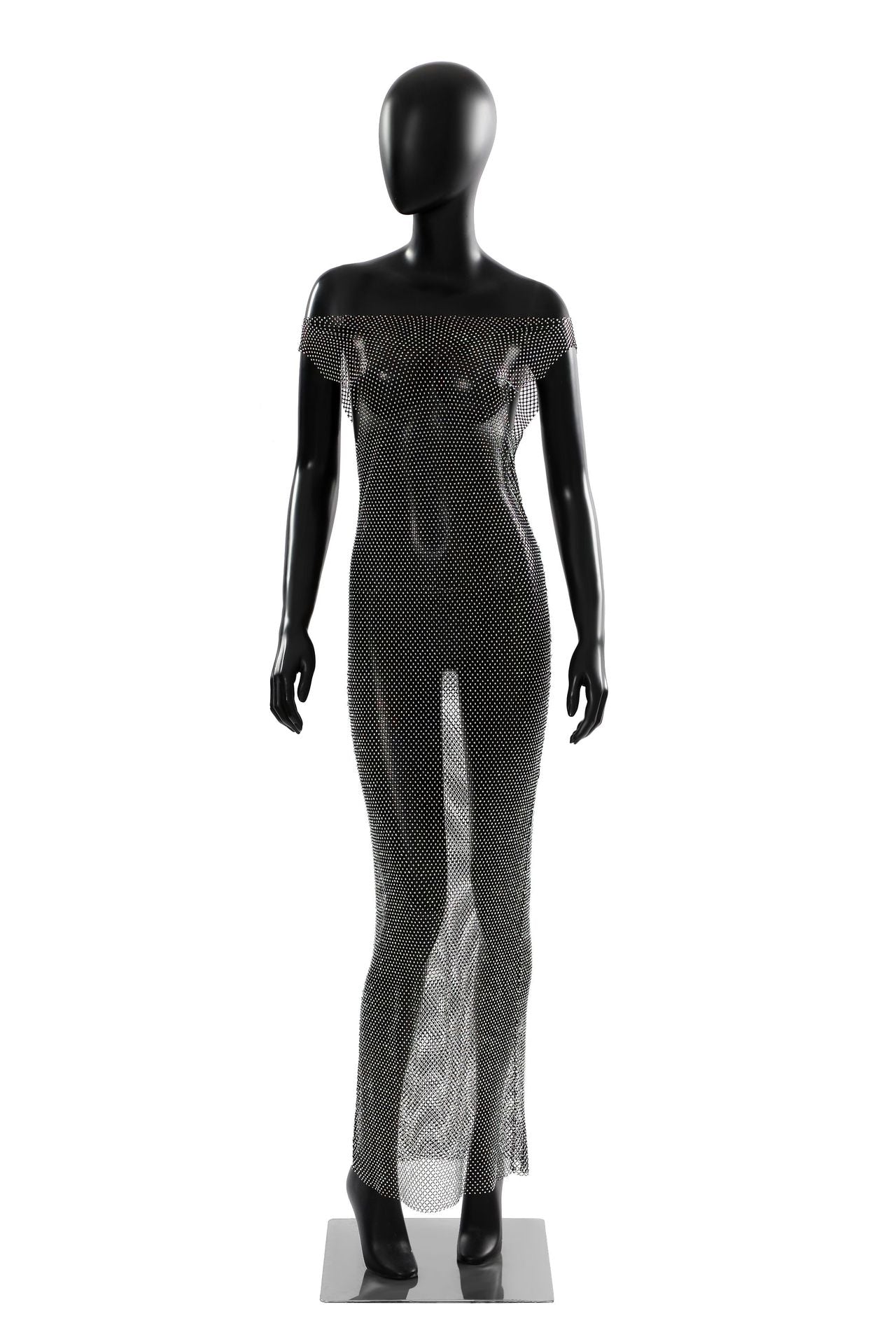 Sexy Mesh Maxi Dress Rhinestone See through Dress Fishnet Rhinestone off Neck Dress Elastic Dress