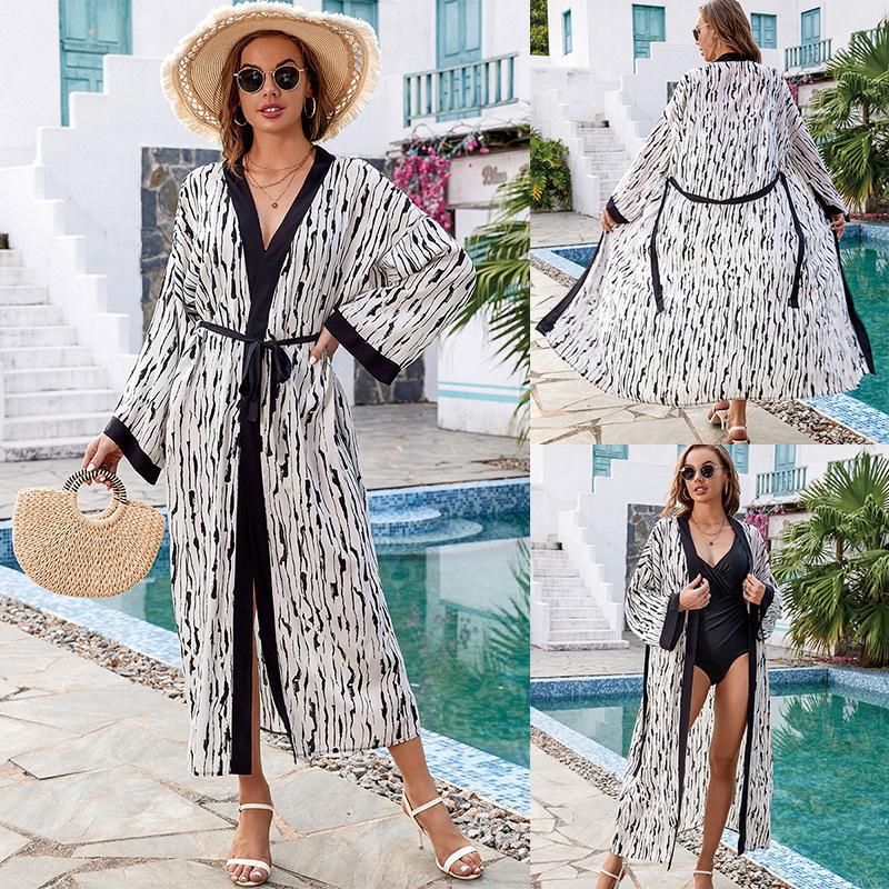 Black Edged Rayon Printed Beach Cover Up Sexy Cardigan Loose Bikini Cover