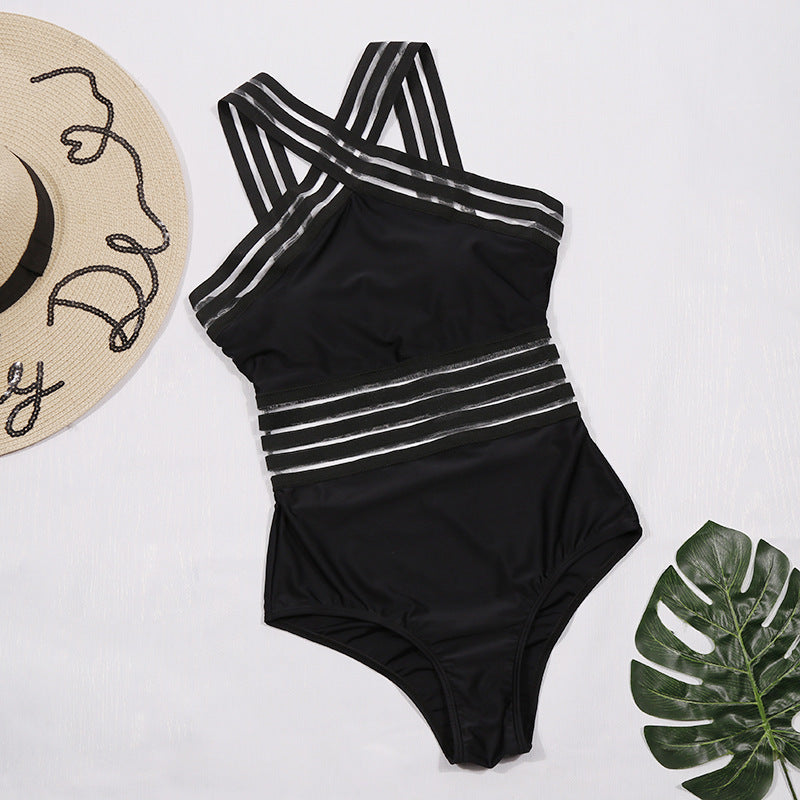 Black Sexy Seaside Beach Swimsuit Halter Striped Tight One-Piece Bikini Swimsuit for Women