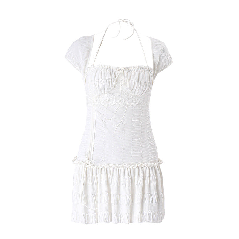 Summer Sexy French Low Cut Square Collar Halter Lace Up Design Short Sleeve Pleated Dress Women