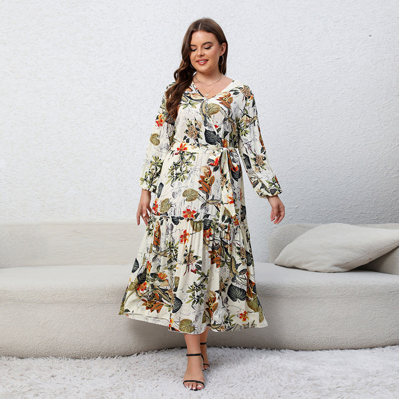 Plus Size Spring Dress Printed V neck Long Sleeve Floral Dress Loose Swing Dress