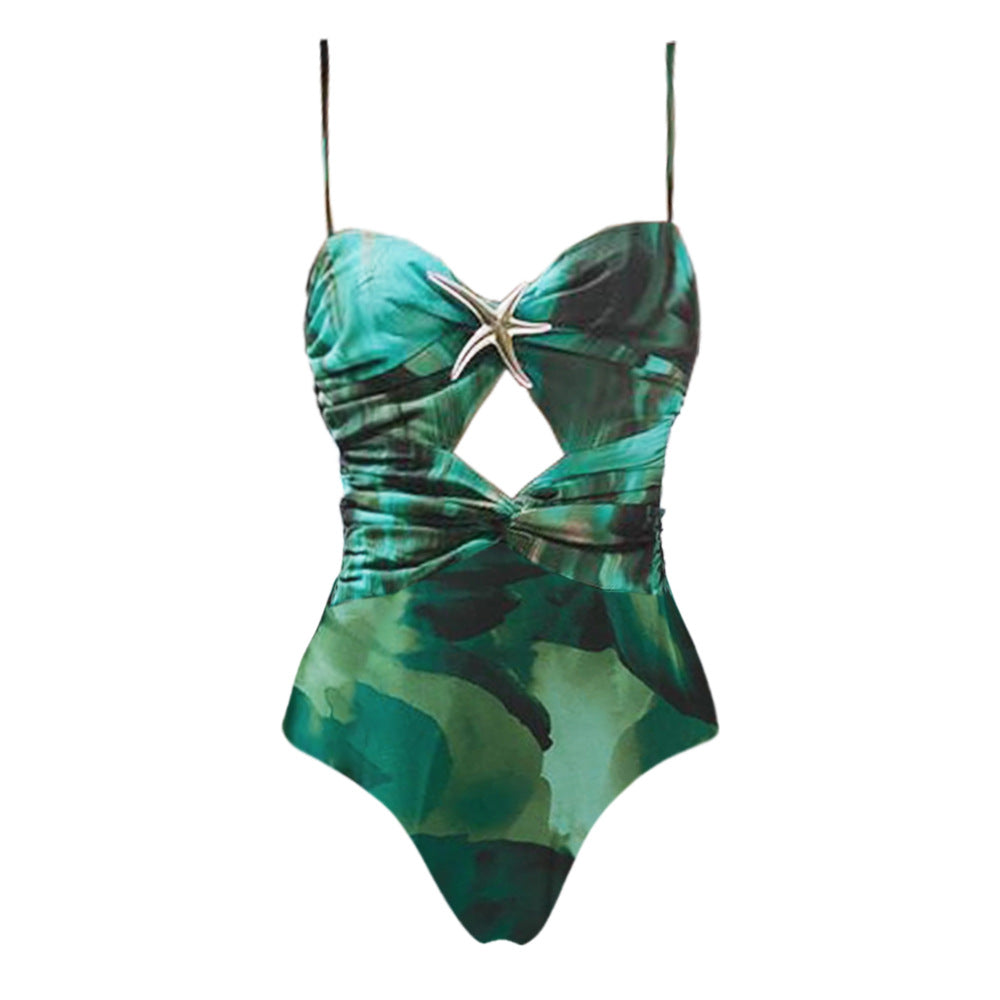 Blackish Green Printing Starfish Decoration One Piece Swimsuit Women