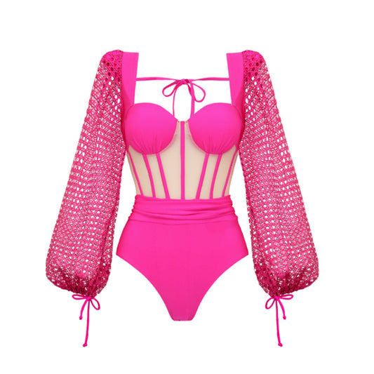 Hollow Out Cutout out Long Sleeve Two Piece Swimsuit Women High Waist Bikini