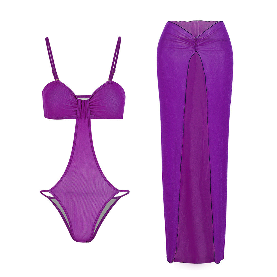 Solid Color Rib Fabric One Piece Bikini Skirt Two Piece Set Swimsuit Women