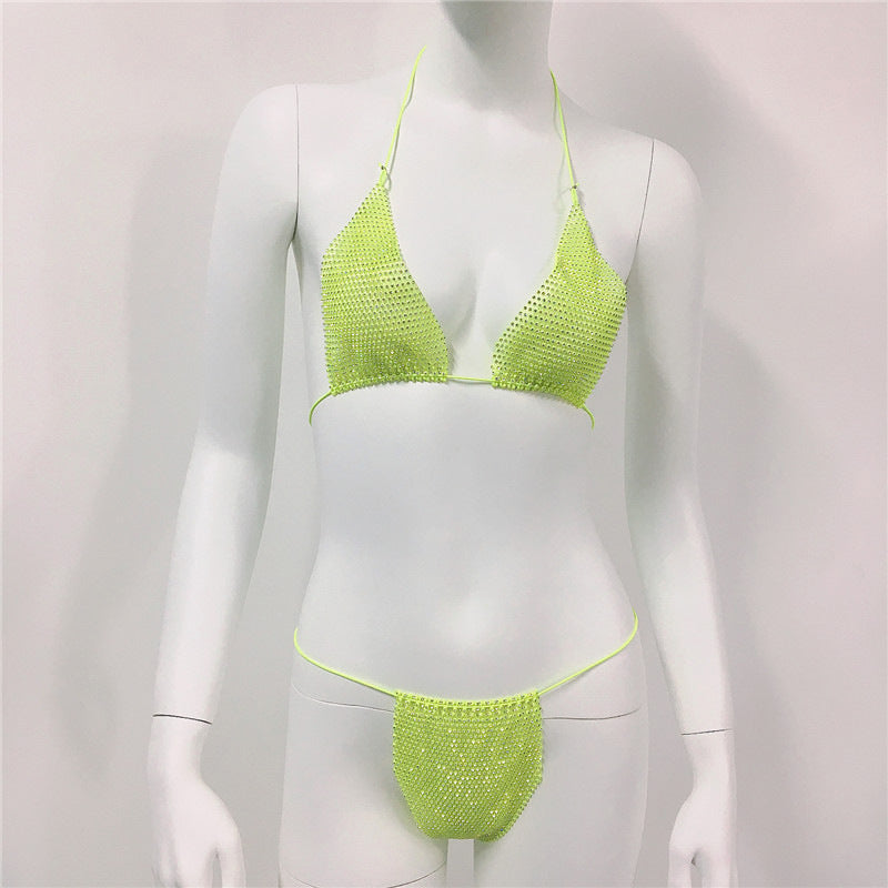 Women Clothing Rhinestone Bikini Set Carnival Sexy Lace Up Outdoor Beach Split Swimsuit