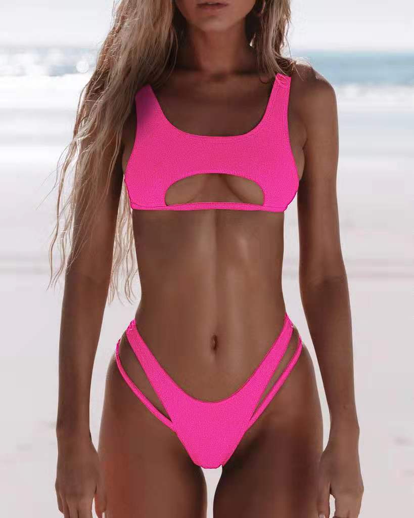 Solid Color Split Hollow Out Cutout Snake Fabric Swimsuit Women Sexy Halter Bikini