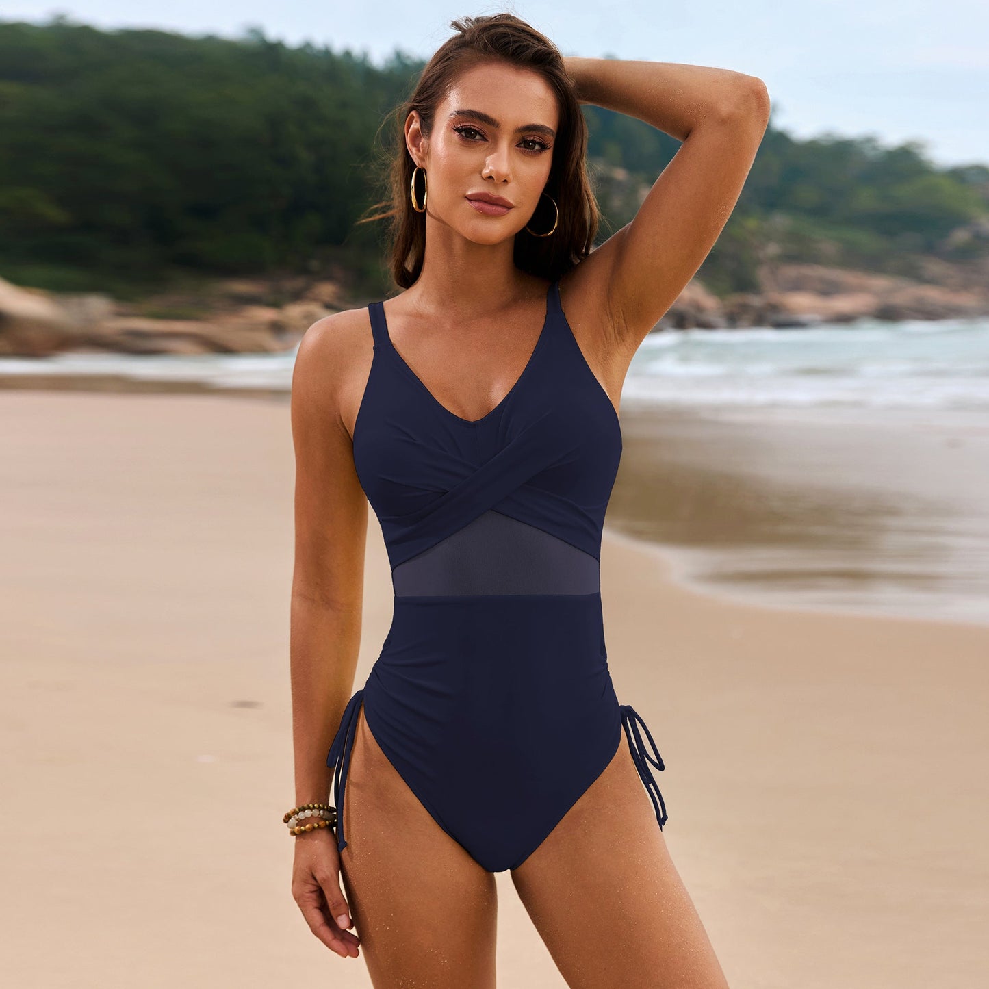 Solid Color Mesh Drawstring Swimsuit Women One Piece Swimsuit
