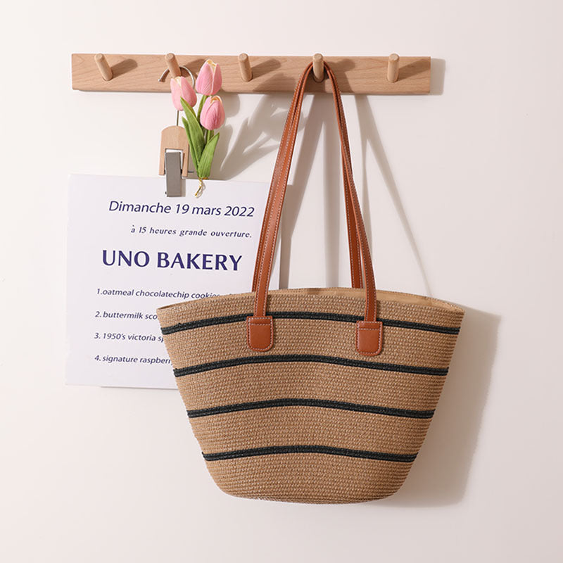 Striped Shoulder Straw Bag Woven Bag Summer Large Capacity Casual All Match Women Seaside Beach Rattan Woven Bag
