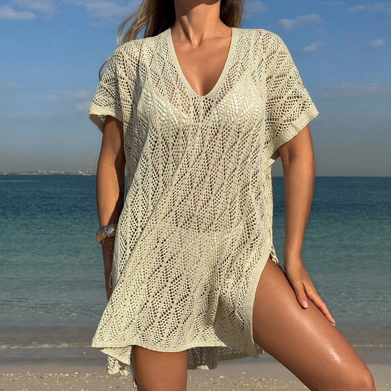 Spring Summer Hollow Out Cutout Sweater Loose Bikini Cover up Swimsuit Blouse Beach Sun Protection