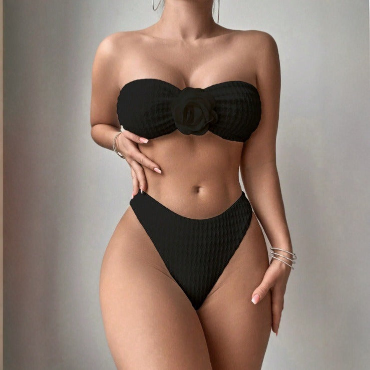 Split Sunken Stripe Pages Fabric Swimsuit Women Solid Color Bikini Two Piece Swimsuit