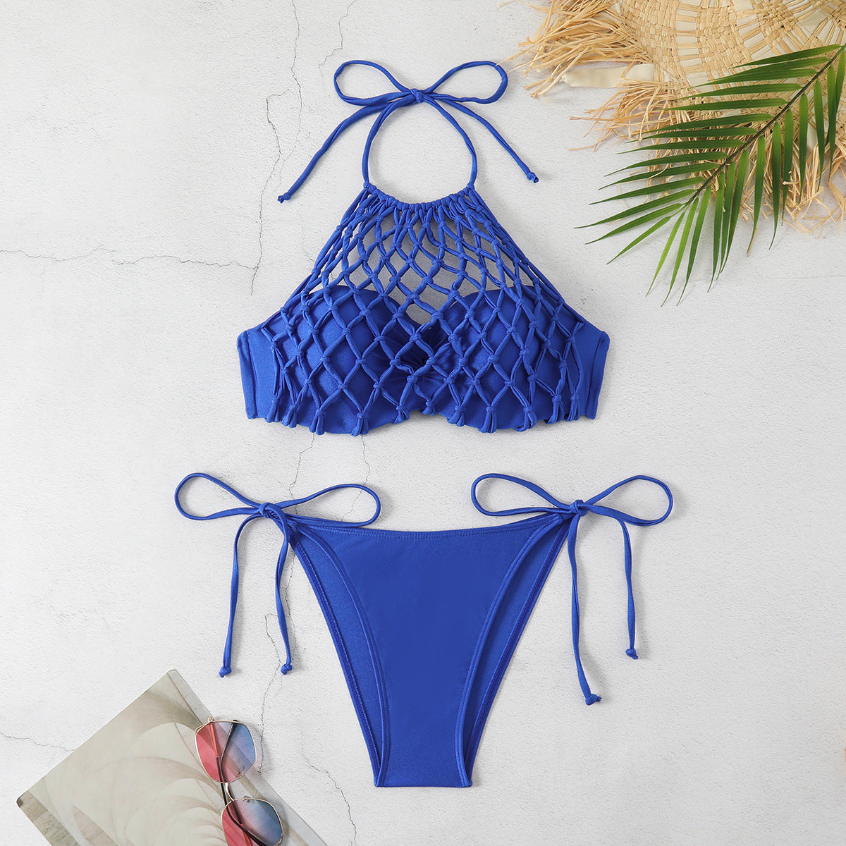 Solid Color Mesh Hollow Out Cutout out Sexy Low Waist Bikini Split Swimsuit Bikini