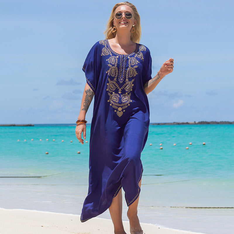Blue Embroidered Vacation Robe Loose Seaside Beach Dress Sun Protection Clothing Bikini Swimsuit Blouse