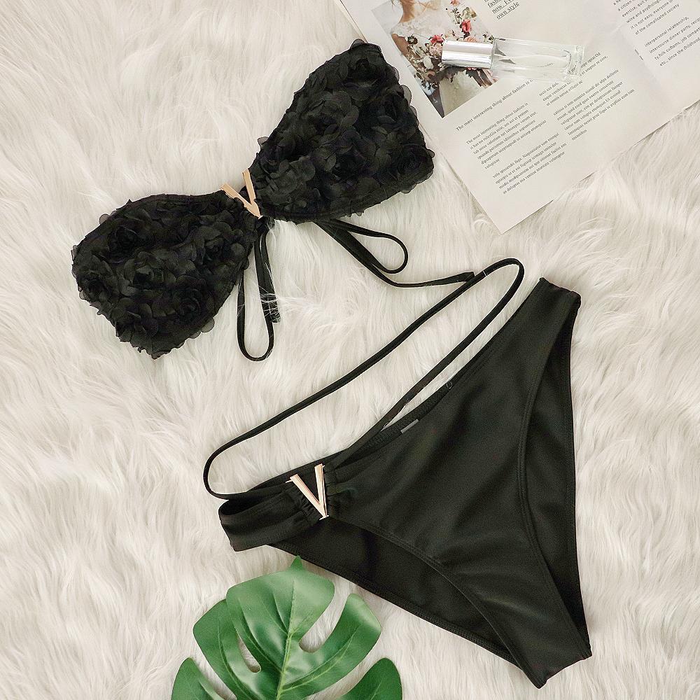 Black Floral Tube Top Deep V Plunge Sexy Bikini Two Piece Sets Beach Spring Vacation Swimsuit