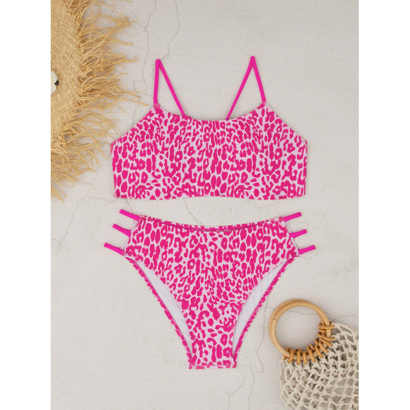 Split Swimsuit Leopard Print Simple Bikini Women Sexy Beach Swimsuit with Chest Pad