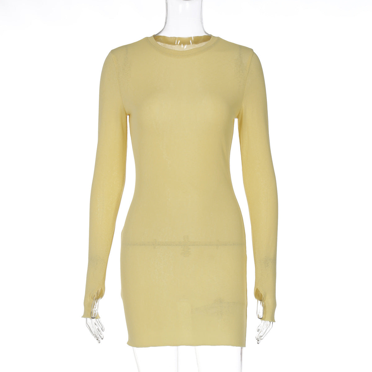 Women Clothing Fashionable Elegant Sexy Micro Transparent Solid Color round Neck Long Sleeve Skinny Sheath Dress