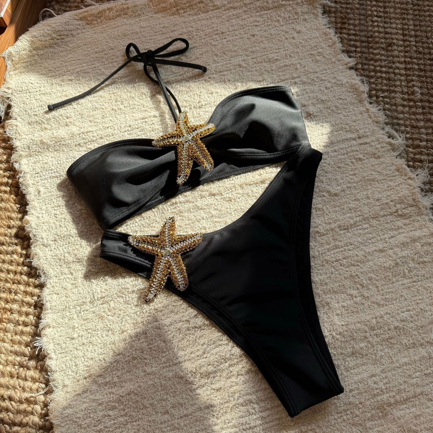 Solid Color Starfish Affixed Cloth Embroidered Sexy Lacing Split Swimsuit Bikini