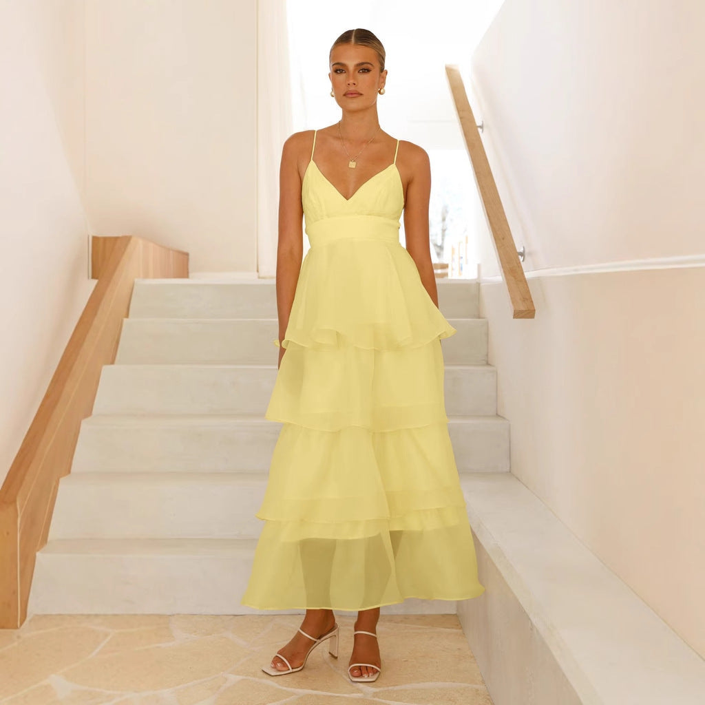 Sexy Backless Spaghetti Straps Cake Pleated Lace up Evening Party Dress Slim Fit Dress Women