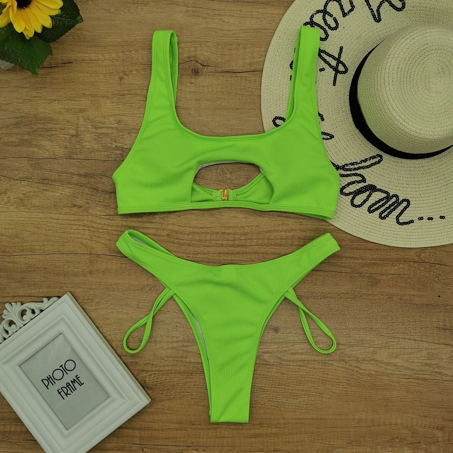 Solid Color Split Hollow Out Cutout Snake Fabric Swimsuit Women Sexy Halter Bikini