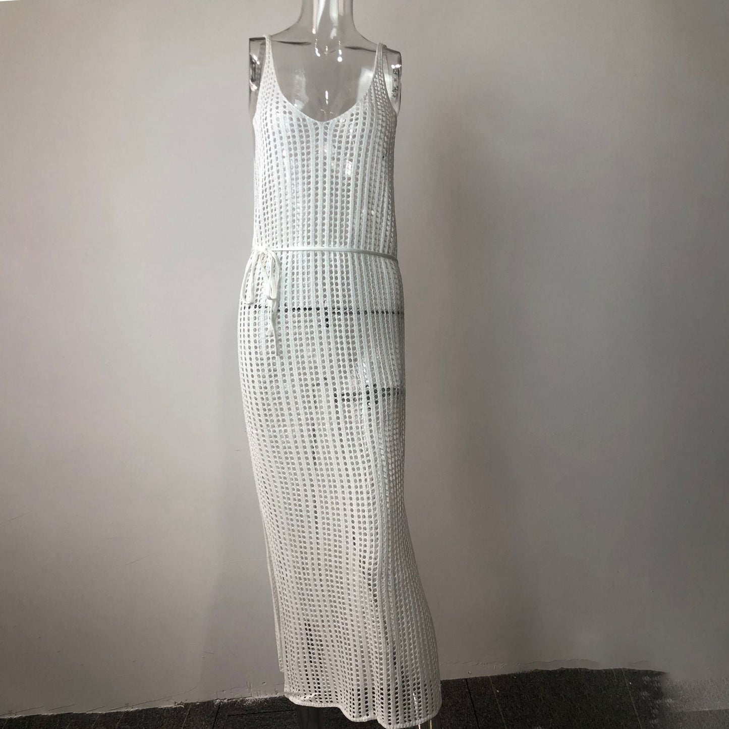 Beach Casual Solid Color Knitted Hollow Out Cutout Out Camisole Knitted Dress Blouse Outer Dress