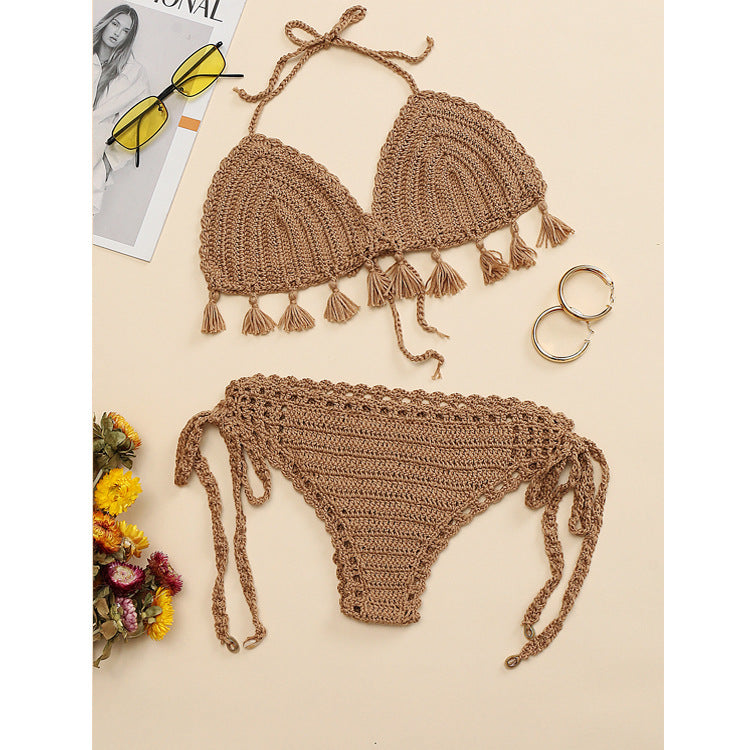 Beach Vacation Knitted Hand Crocheting Sexy Bikini Tassel Shell Strap Split Suit Multi-Color Optional Crochet hook