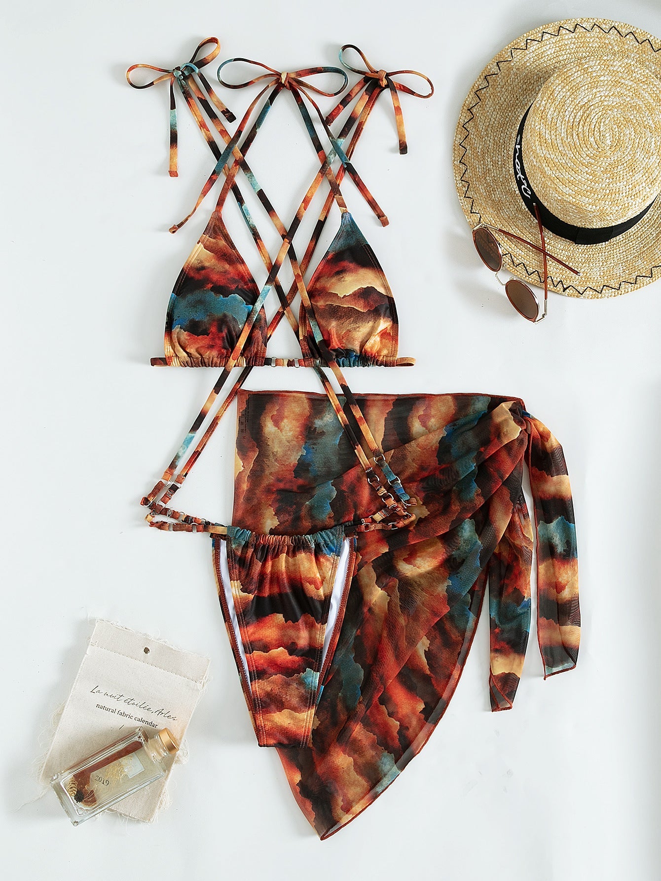 Gradient Printing Series with Net Hanfu Long Robe Sexy Three Piece Set Swimsuit Swimwear Women