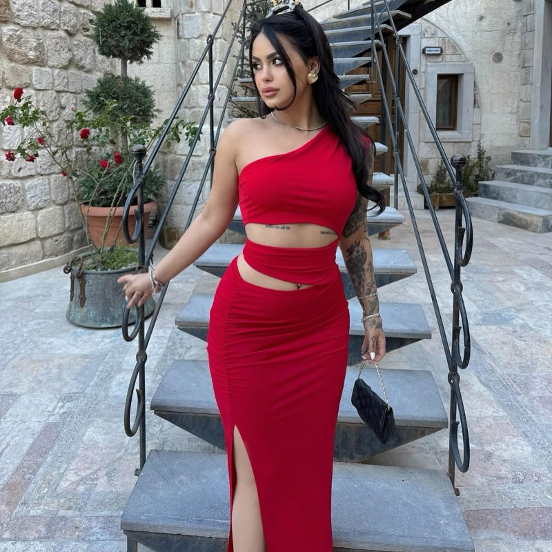 Solid Color Slim Fit Oblique Shoulder Sexy Cutout Sexy Split Irregular Asymmetric Dress