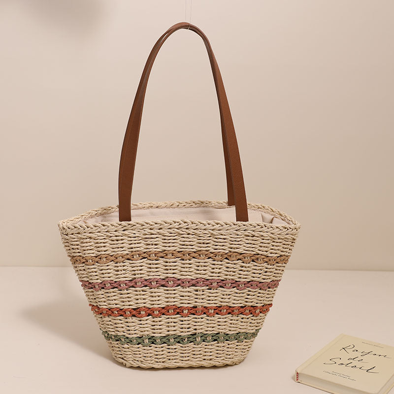 Colorful Striped Shoulder French Straw Bag Large Capacity Woven Bag Women Seaside Vacation Beach Bag
