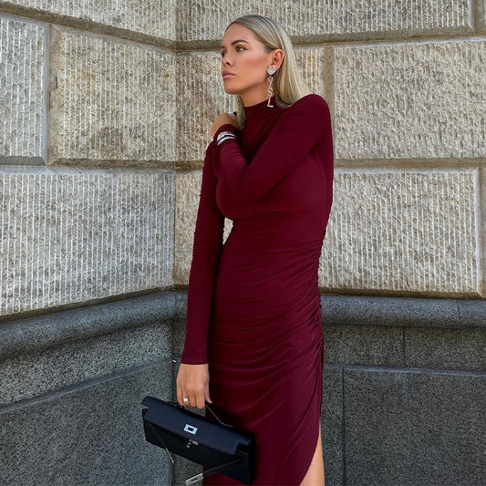 Autumn Solid Color Half High Collar Long Sleeves Slit Slim Fit Sexy Long Women Dress
