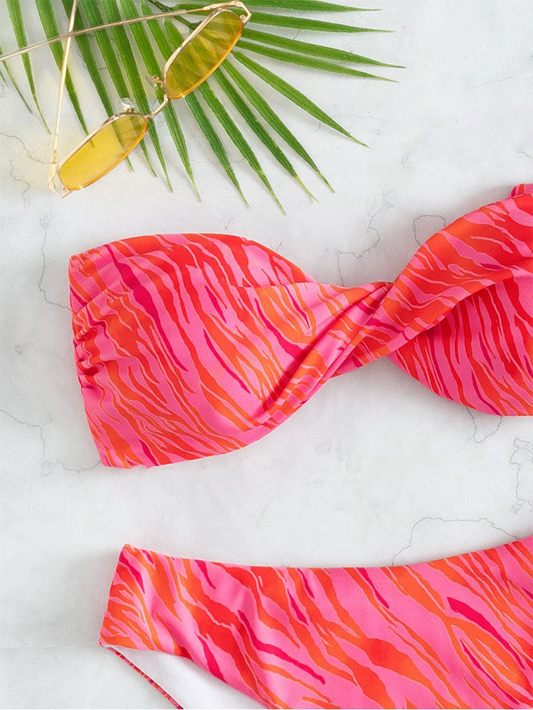 Printed Bandeau Bikini Swimsuit Sexy Backless Split Two Piece Suit Swimwear