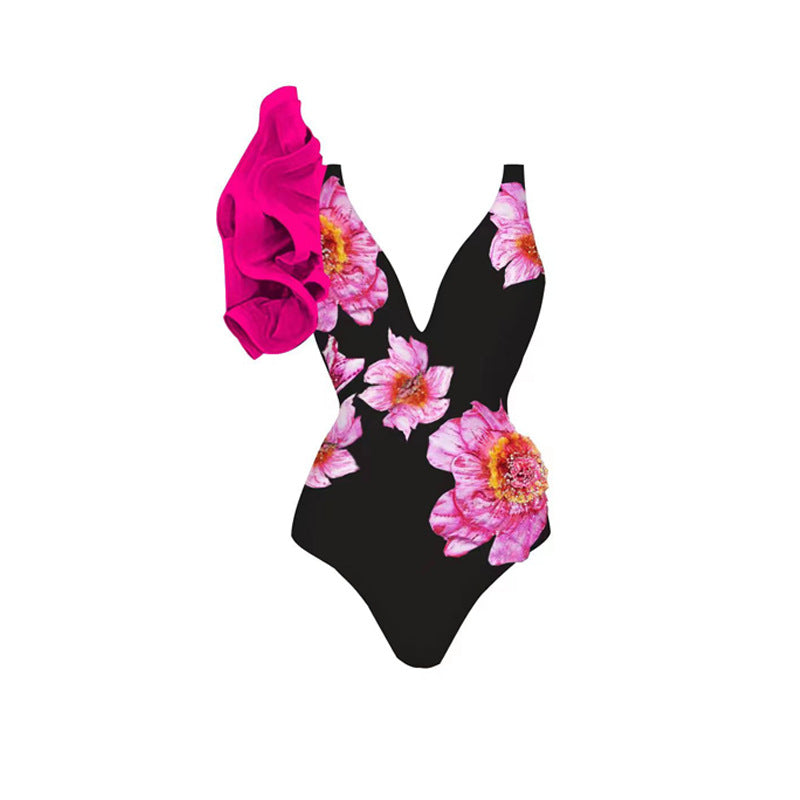 Printing One Piece Women Swimwear Suit European, French Retro Cover Belly Slimming Swimsuit