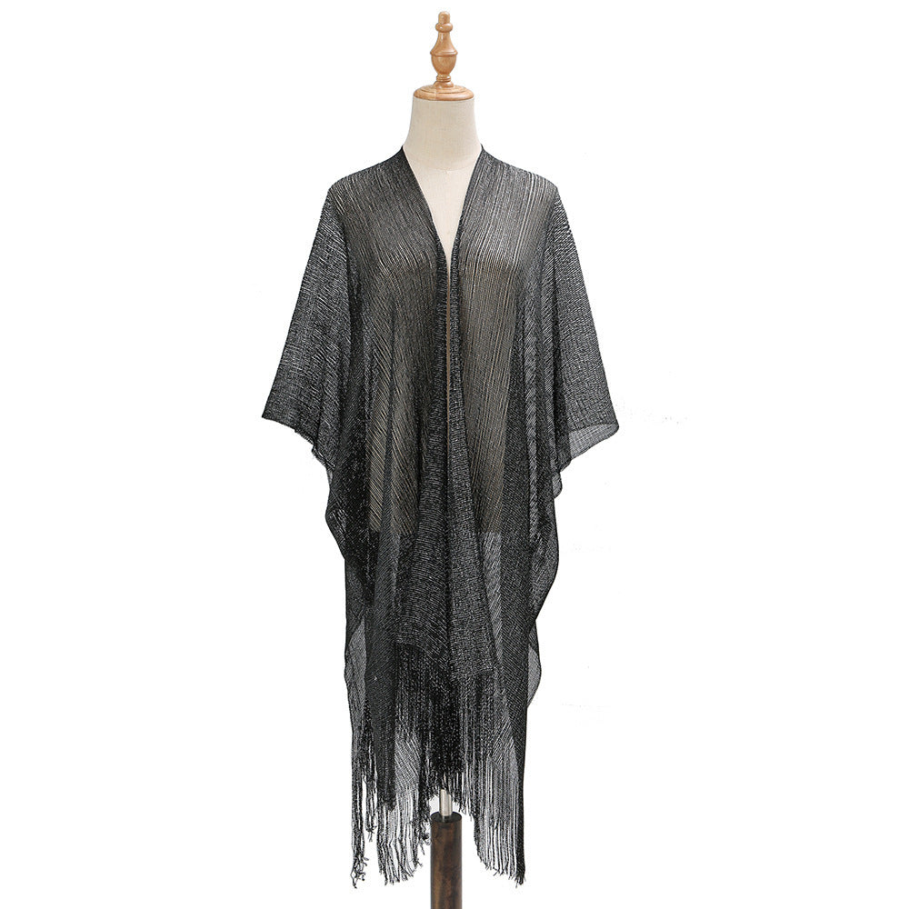 Beach Solid Color Sun Proof Tassel Knitting Beach Cover Up Sweater Shawl Cardigan