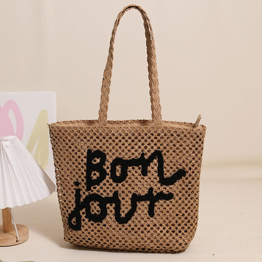 Letter Graphic Embroidery Woven Bag All Match Shoulder Hollow Out Cutout Straw Bag Vacation Beach Bag Women Bag
